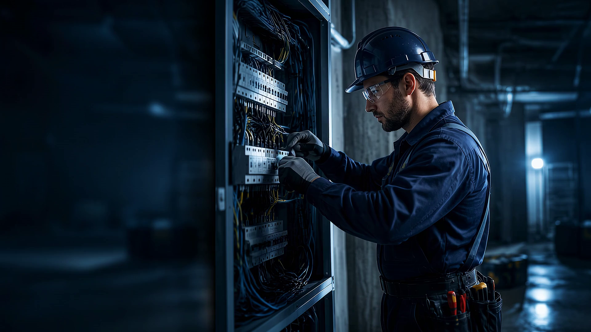 Electrician working at an electrical panel