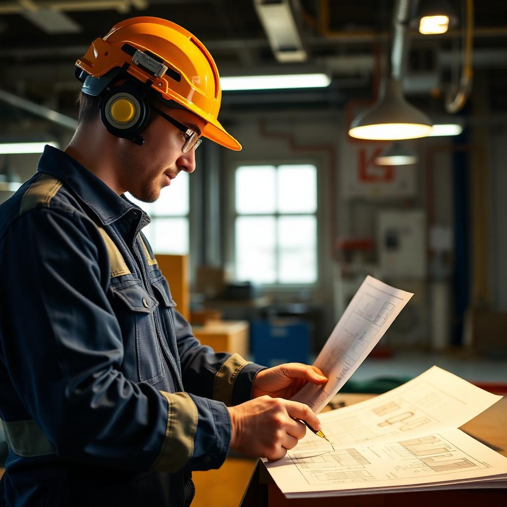 Skilled trades electrical apprentice reading blueprints