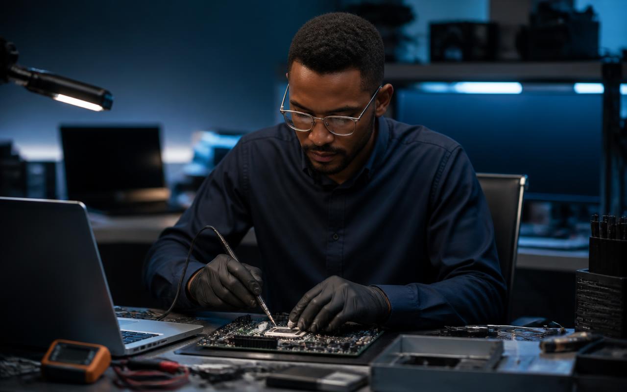 IT support professional working on computer hardware at a diagnostics bench