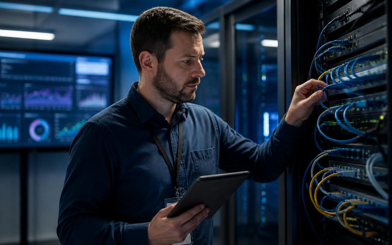 Network technician reviewing switches and structured cabling in a server room