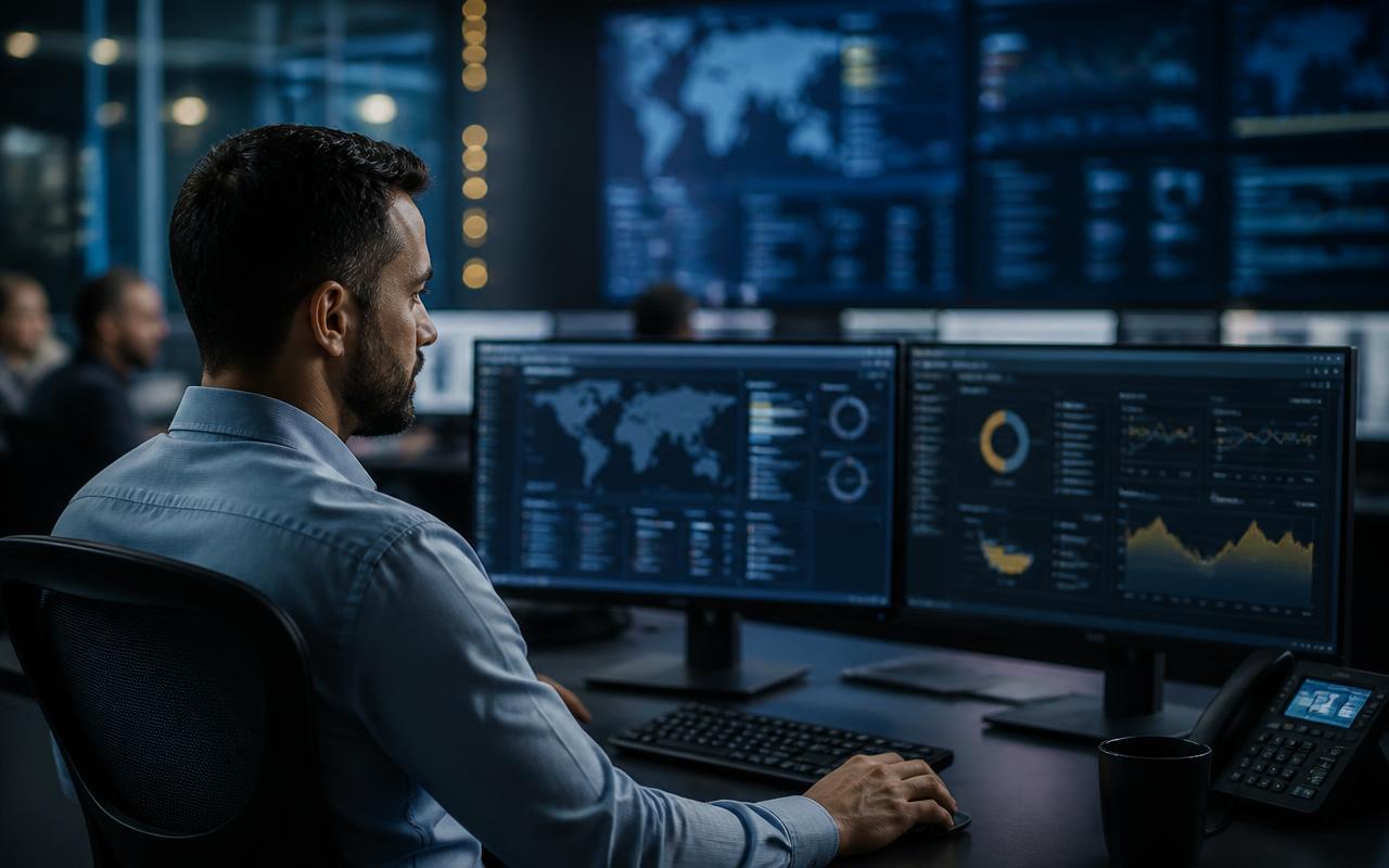 Cybersecurity professional monitoring security dashboards in an operations center