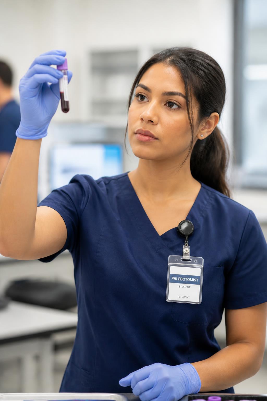 Phlebotomy student in scrubs examining a blood collection tube in a training lab