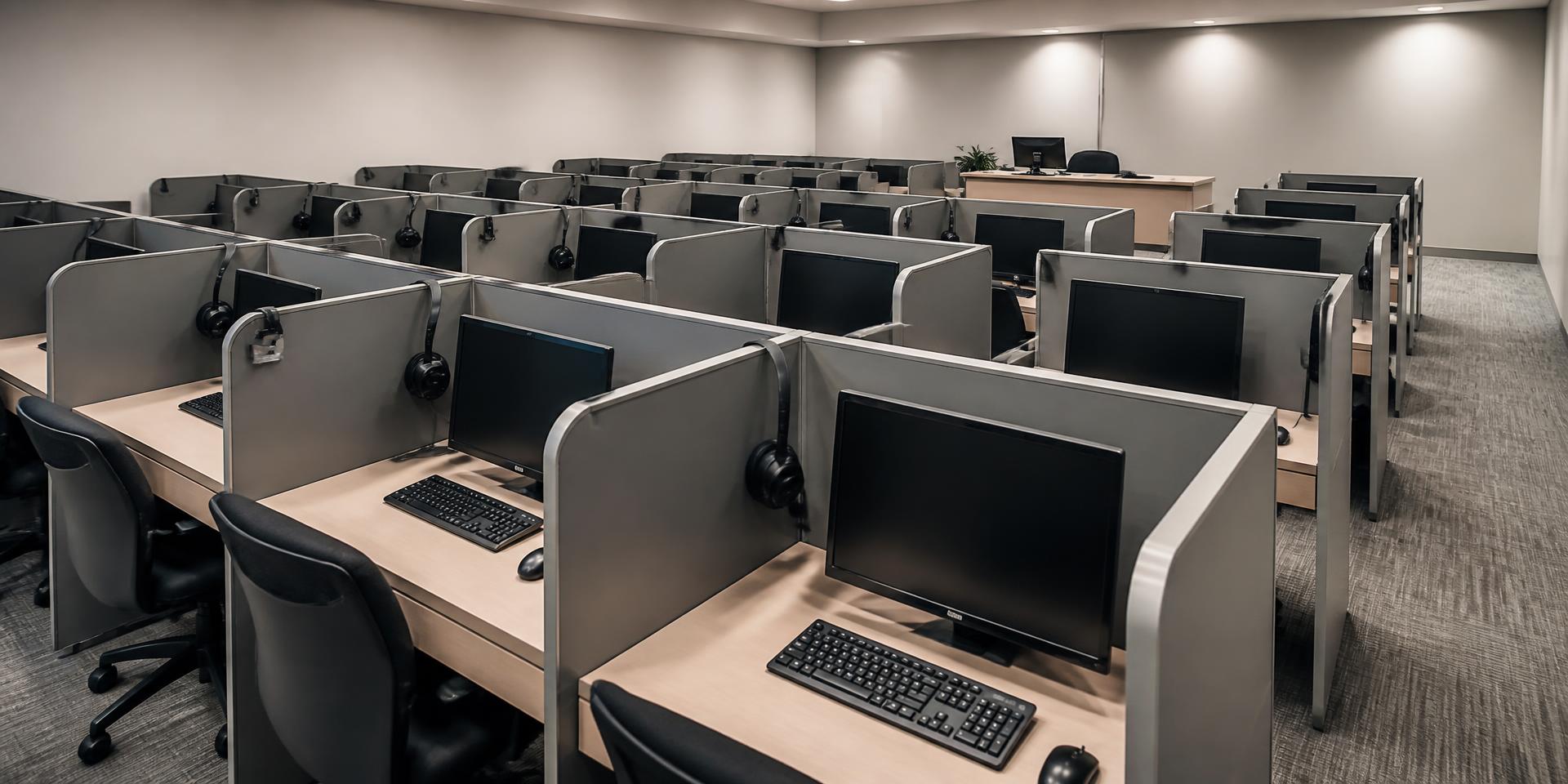 Proctored computer-based testing room with individual privacy workstations at the Hybrid Solutions Institute Testing Center in Houston